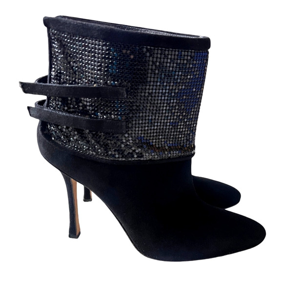 Manolo Blahnik 10 Silver Sequin Suede Ankle Boots Stiletto Disco Booties Black - Picture 1 of 9